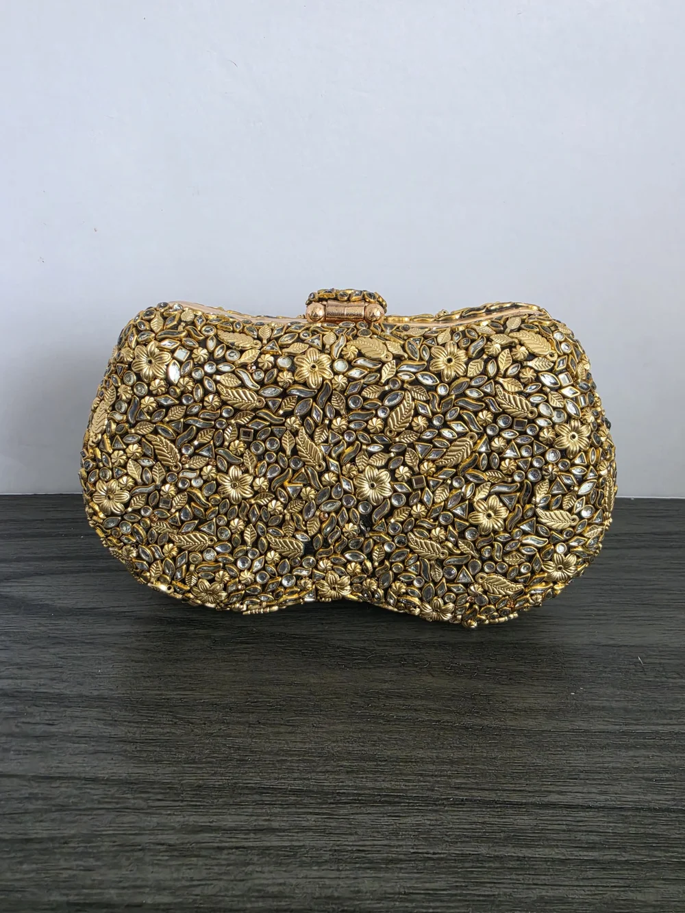 Luxury Beaded Crystal Clutch Bag | Gold Leaf & Teal Iridescent Evening Purse